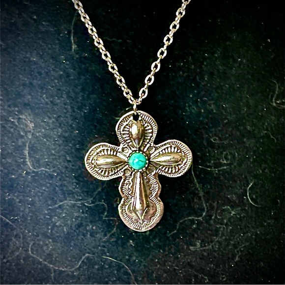 New Sterling Silver Handmade Natural Turquoise Religious Catholic Cross Necklace - Picture 8 of 14